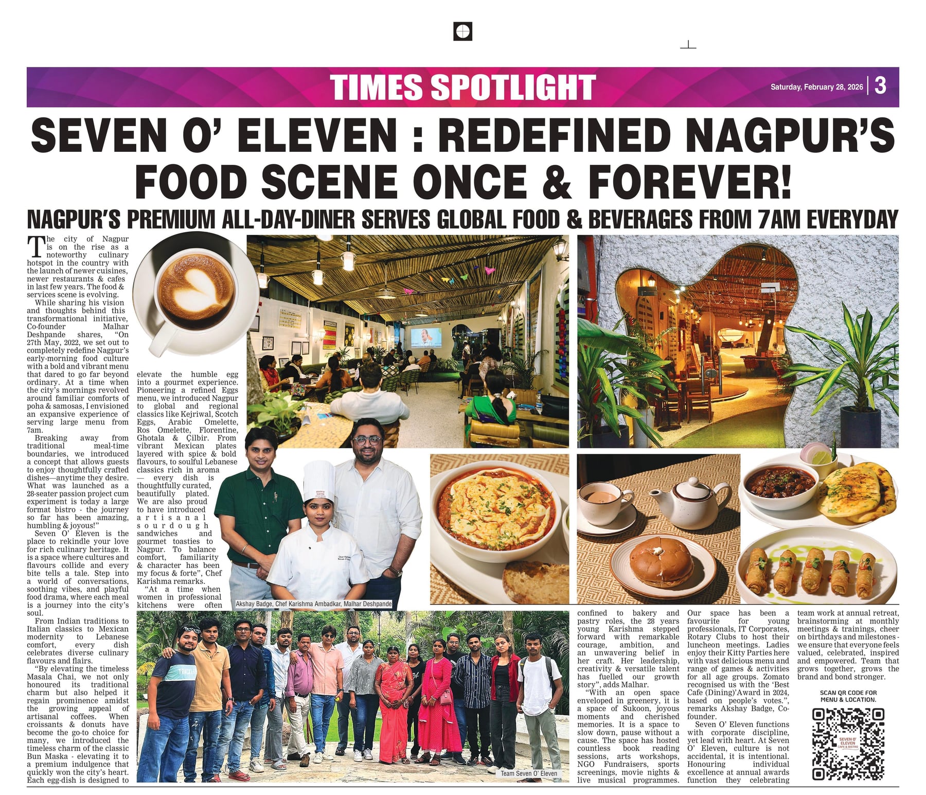 Times Spotlight newspaper feature on Seven O' Eleven Cafe & Bistro, February 2025