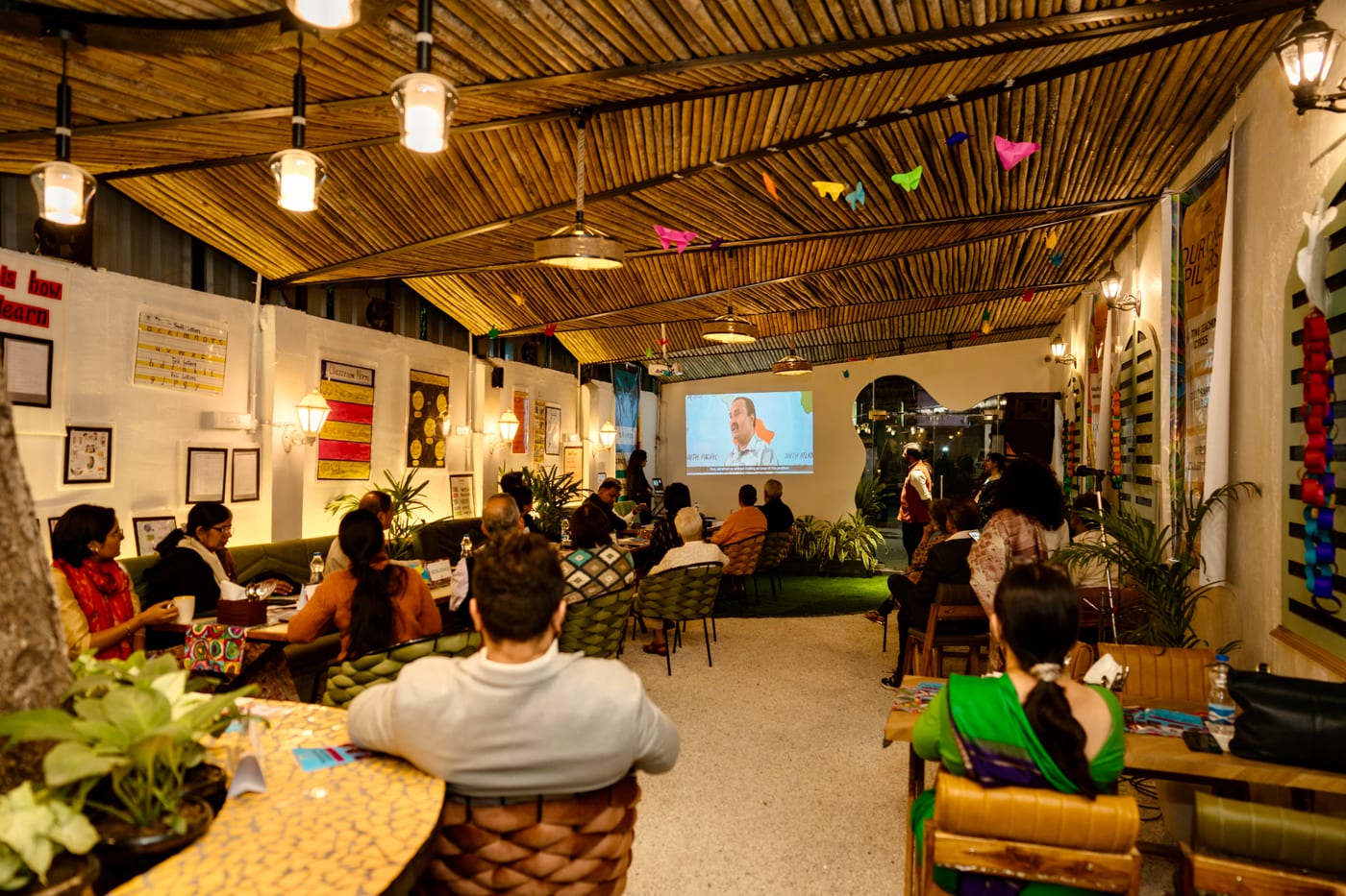 Evening screening event in the warm, social seating area